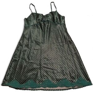 Vintage Warners Women's Green Striped Lace Trimmed Satin Slip Dress Nightgown M